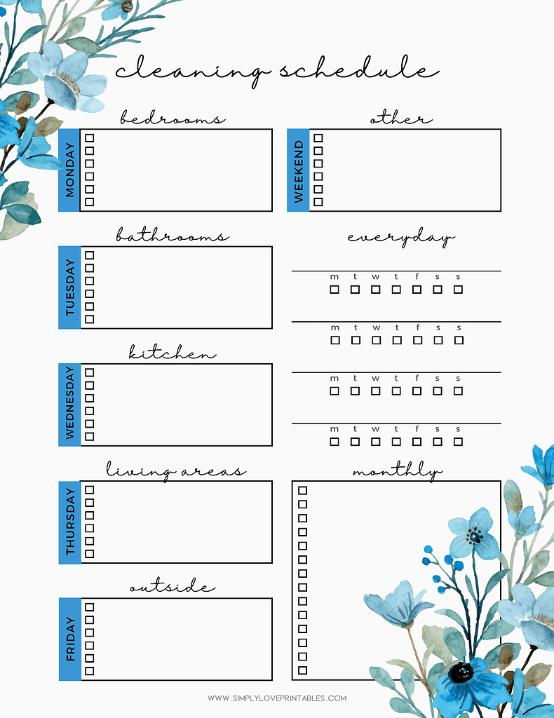 Simply Love Printables Blue Floral Cleaning List