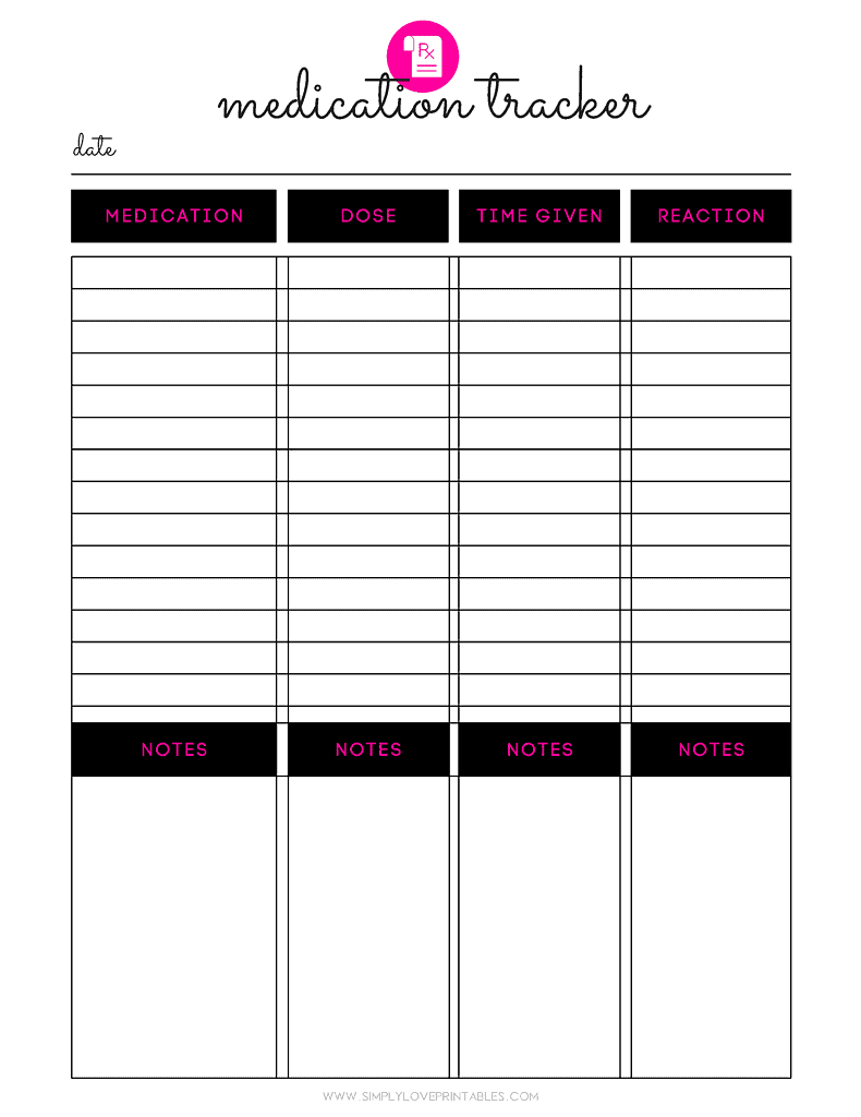 Simply Love Printables Medication Tracker Black Bright Pink