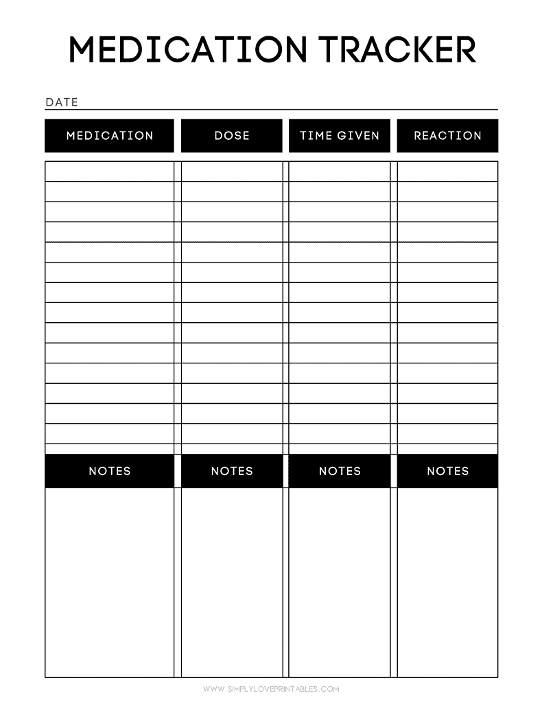 Simply Love Printables Medication Tracker Black White