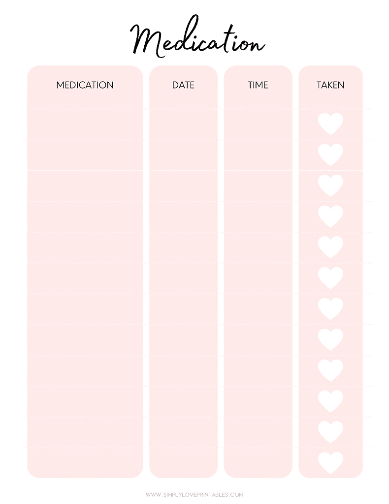 Simply Love Printables Medication Tracker Pink with Hearts
