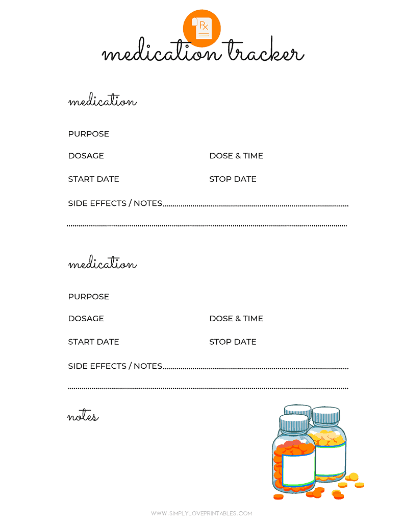 Simply Love Printables Medication Tracker Yellow Orange Bottles