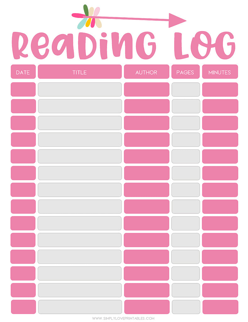 Simply Love Printables Reading Log Pink Arrow