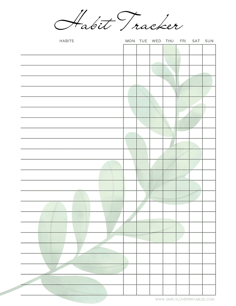 Simply Love Printables Watercolor Fern Habit Tracker