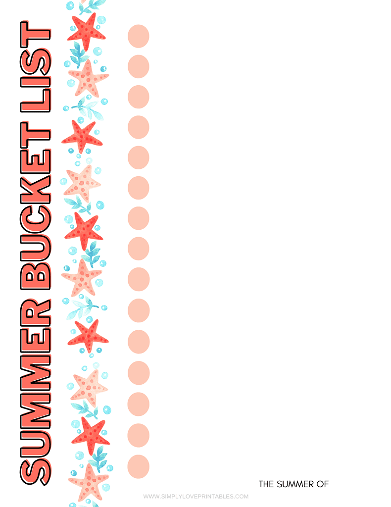 Simply Love Printables My Summer Bucket List Star