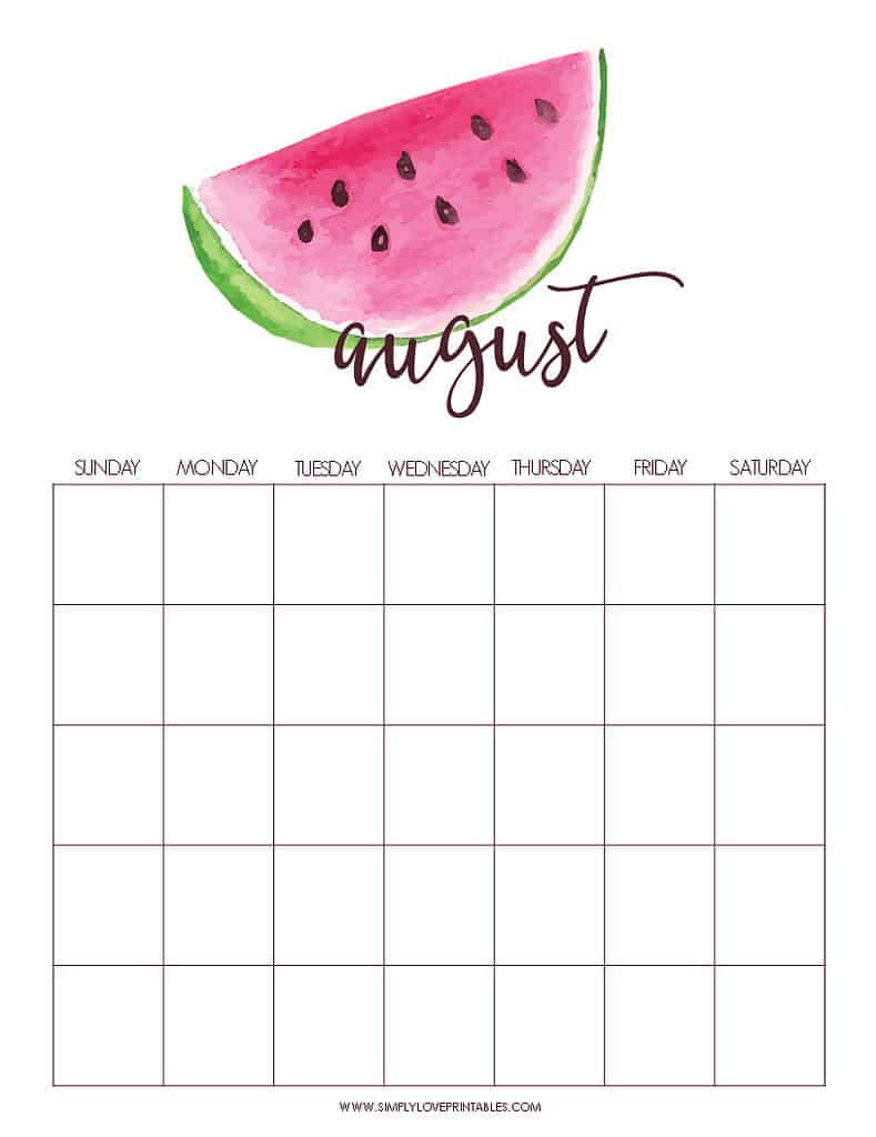 Simply Love Printables August Calendar Watermelon