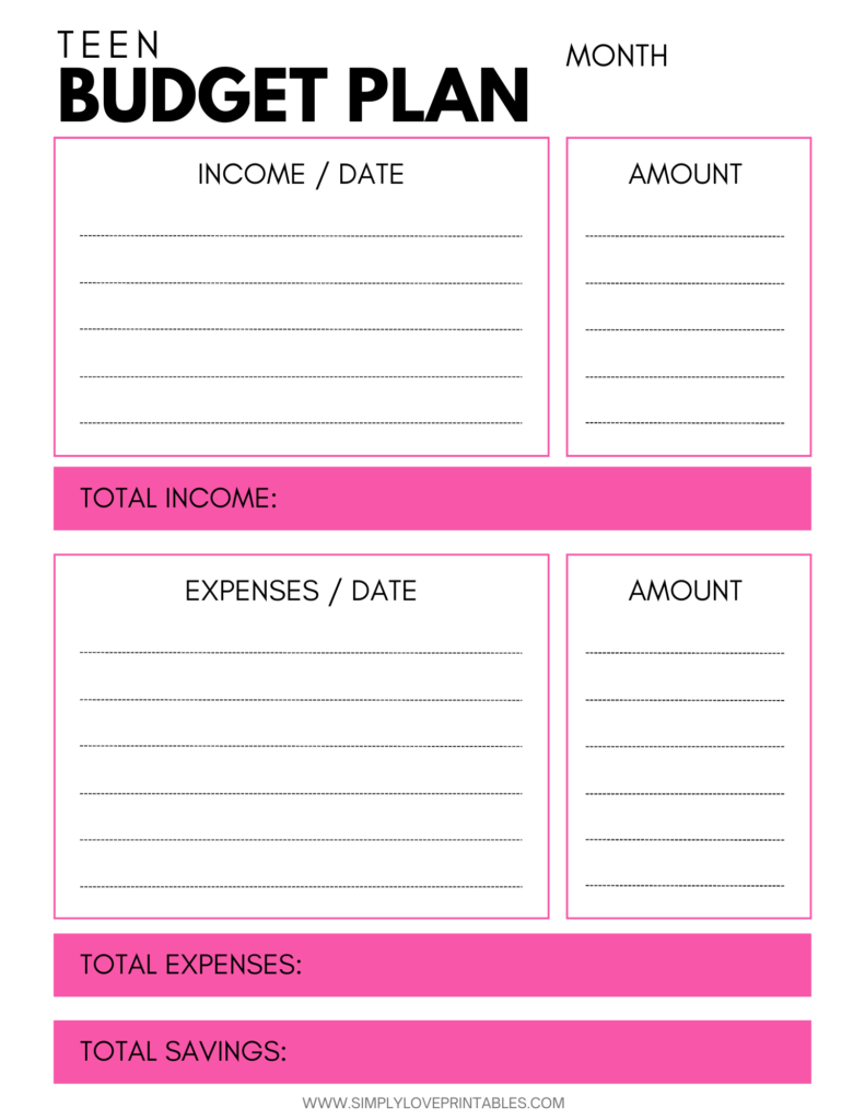 Simply Love Printables Teen Budget Plan Pink