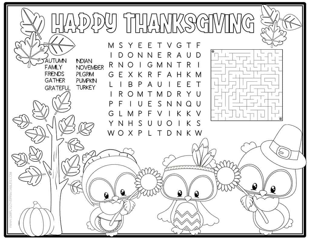 Simply Love Printablles Free Printable Thanksgiving Activity Placemat Owls