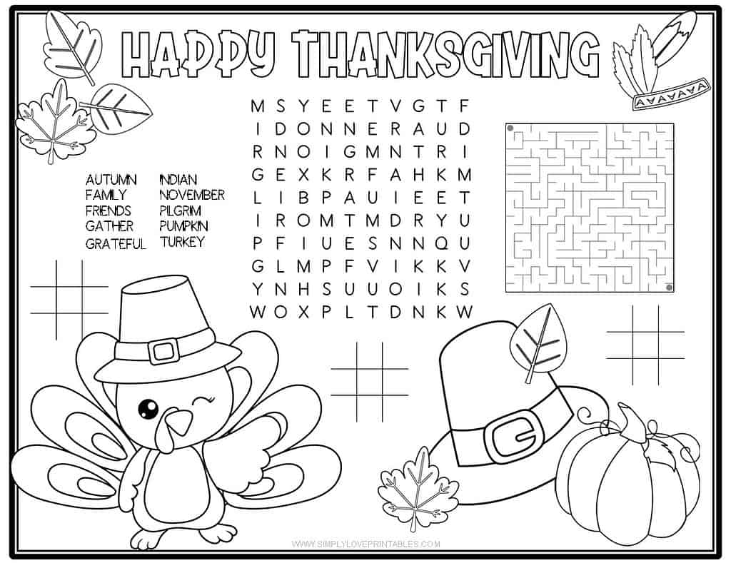 Simply Love Printablles Free Printable Thanksgiving Activity Placemat Turkey with Hat