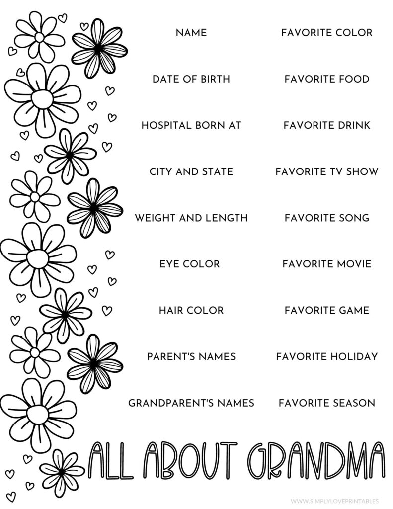 All About Grandma Mother's Day Questionnaire Simply Love Printables Coloring Page