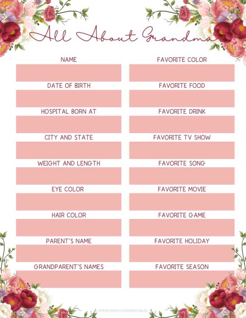All About Grandma Mother's Day Questionnaire Simply Love Printables Floral