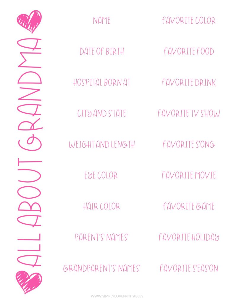 All About Grandma Mother's Day Questionnaire Simply Love Printables Heart