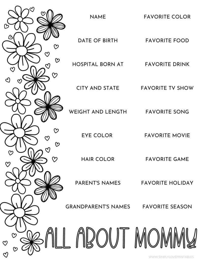 All About Mommy Mother's Day Questionnaire Simply Love Printables Coloring Page