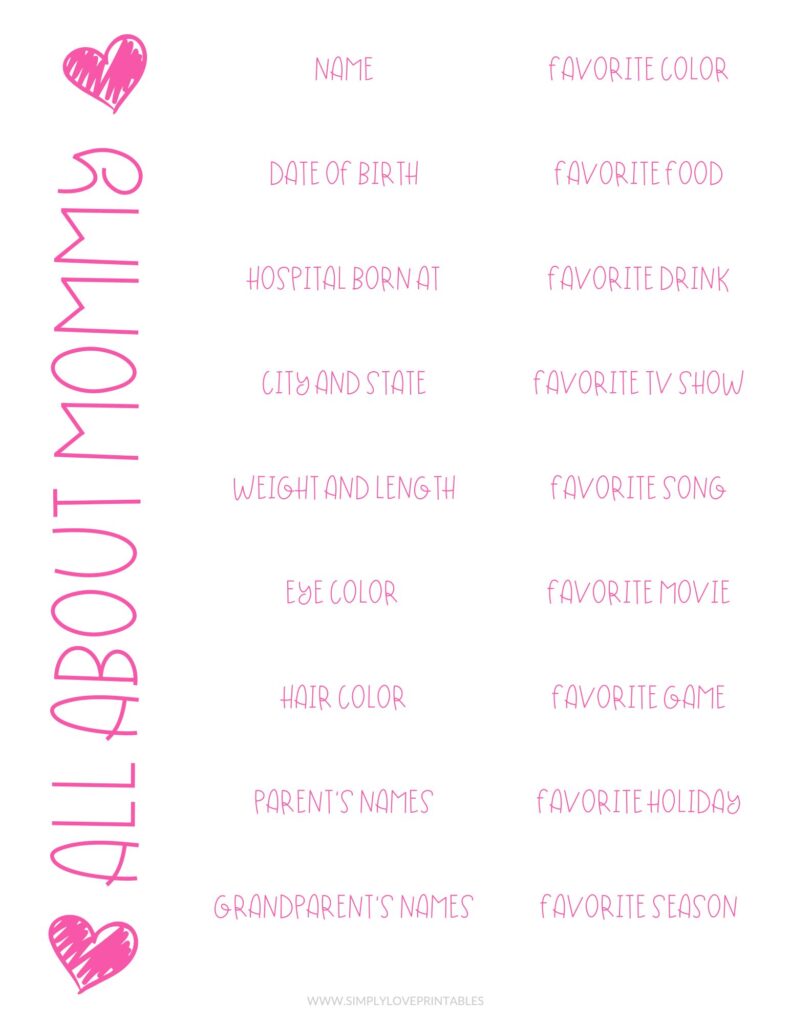 All About Mommy Mother's Day Questionnaire Simply Love Printables Heart