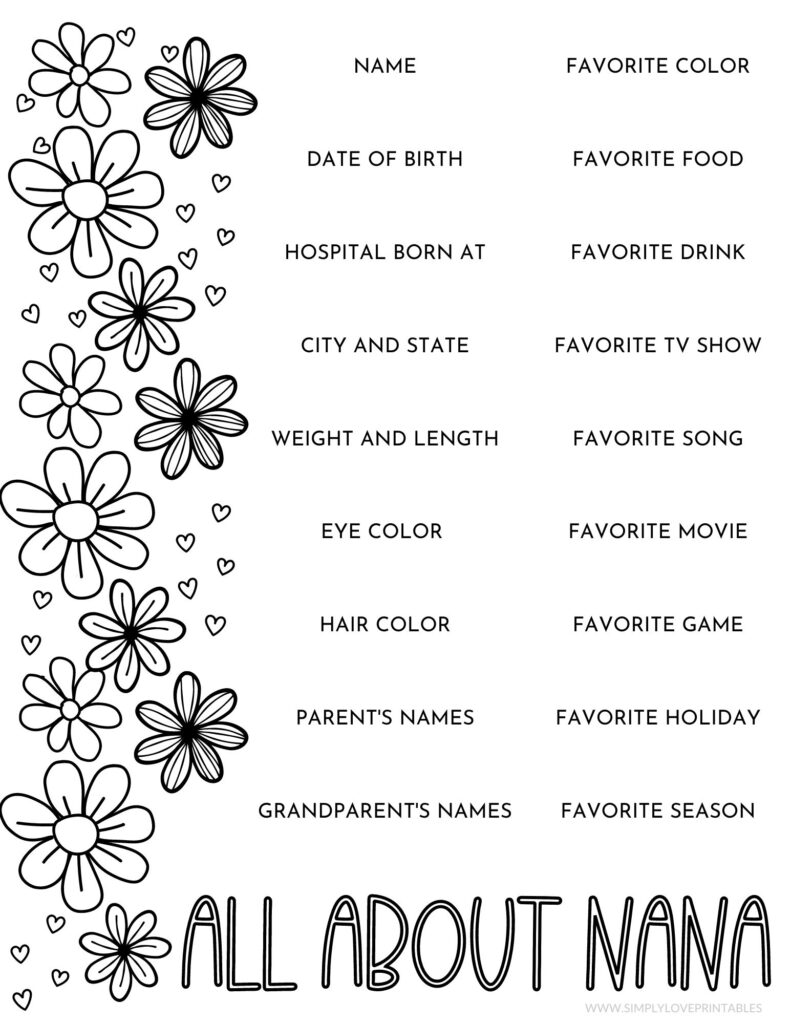All About Nana Mother's Day Questionnaire Simply Love Printables Coloring Page