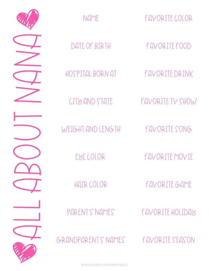 All About Nana Mother's Day Questionnaire Simply Love Printables Heart