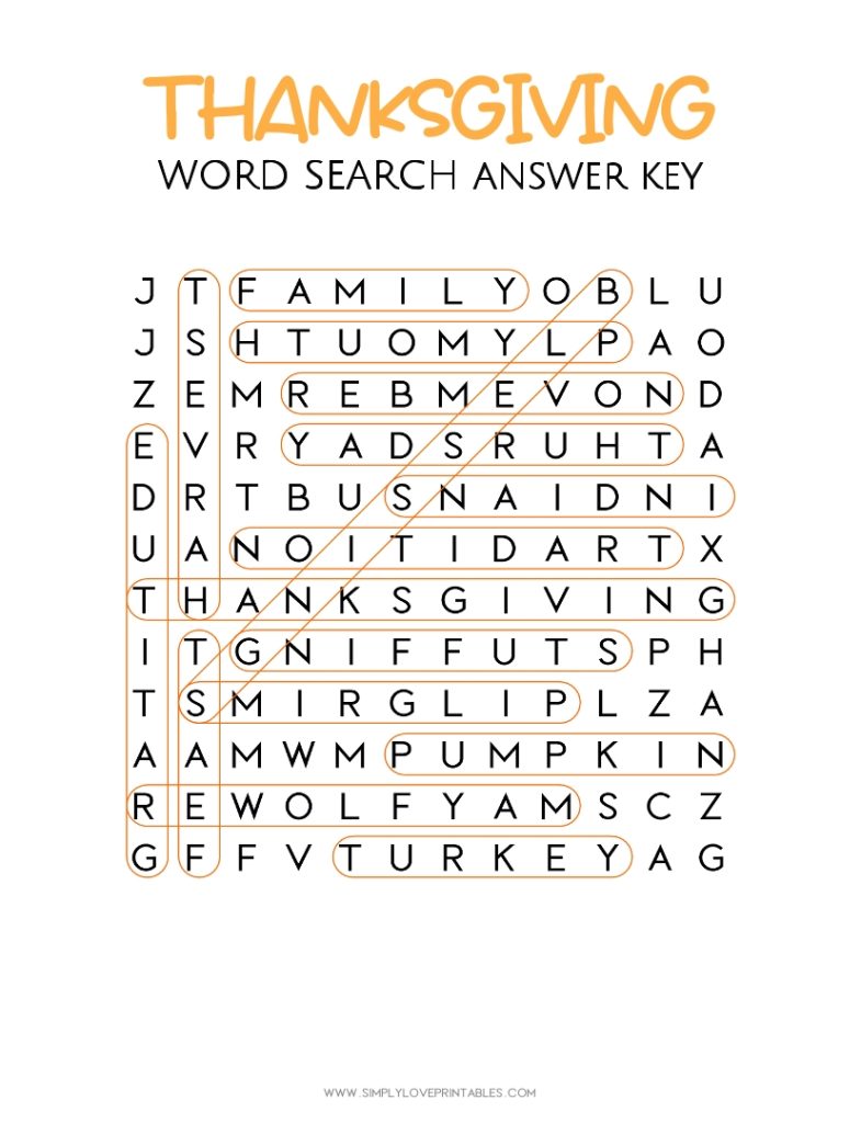 Simply Love Printable Thanksgiving Word Search Answer Key