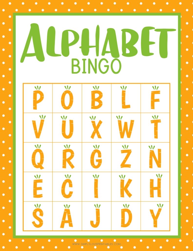 Simply Love Printables Carrot Alphabet Bingo Card 1
