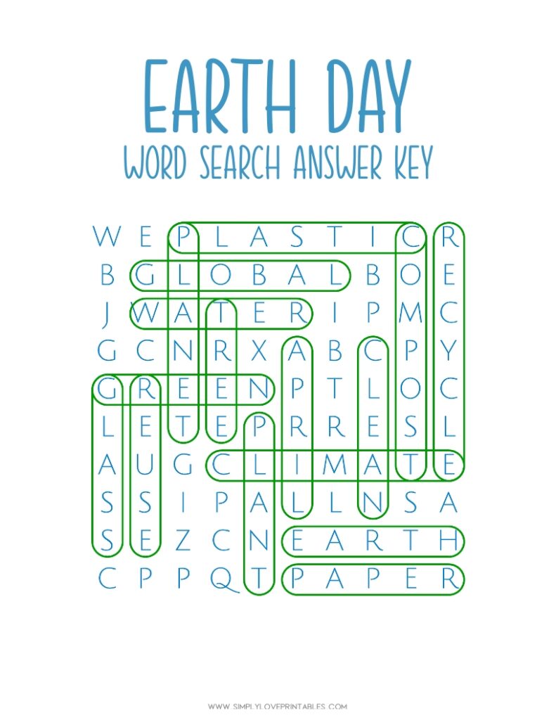 Earth Day Word Search Answer Key