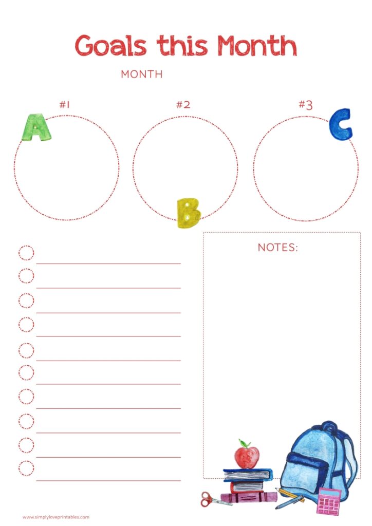 Simply Love Printables August Back-To-School Goals This Month
