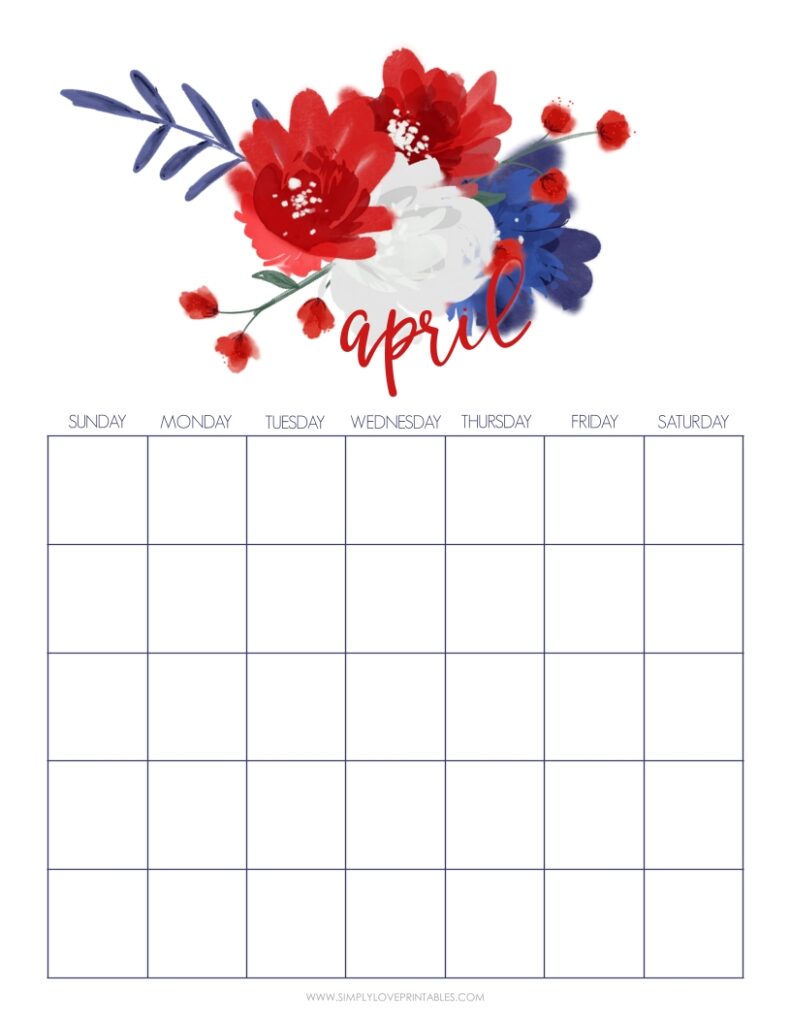 Red Blue And White Flower April Undated Calendar