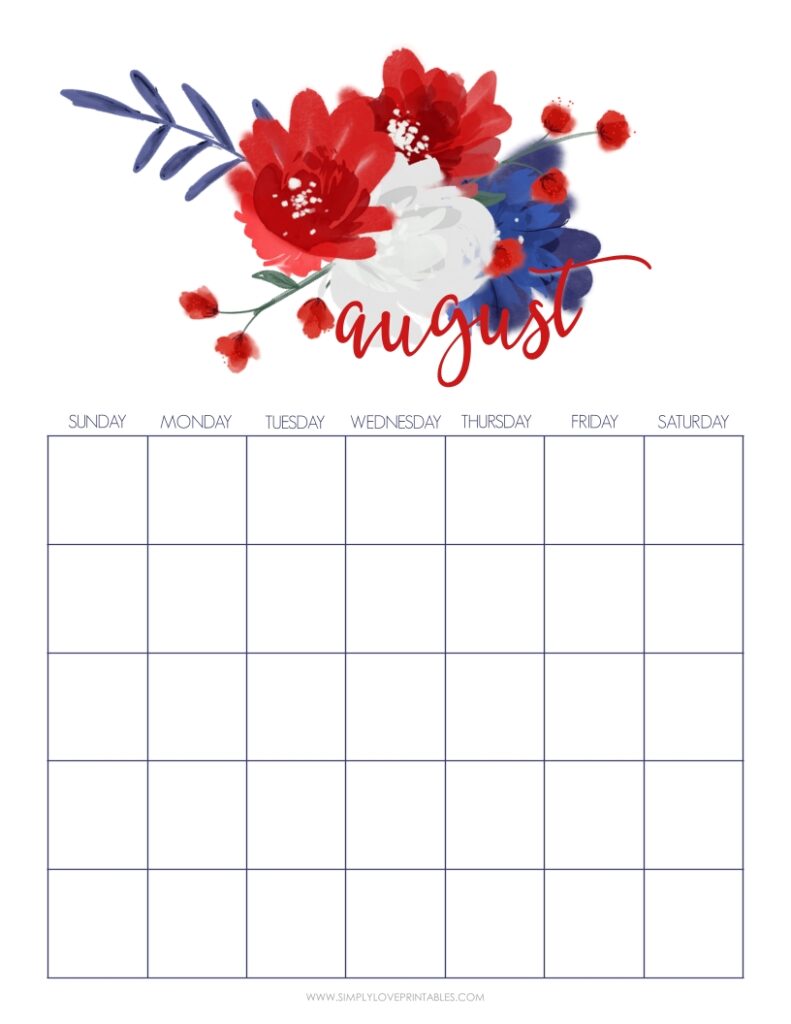 Red Blue And White Flower August Undated Calendar