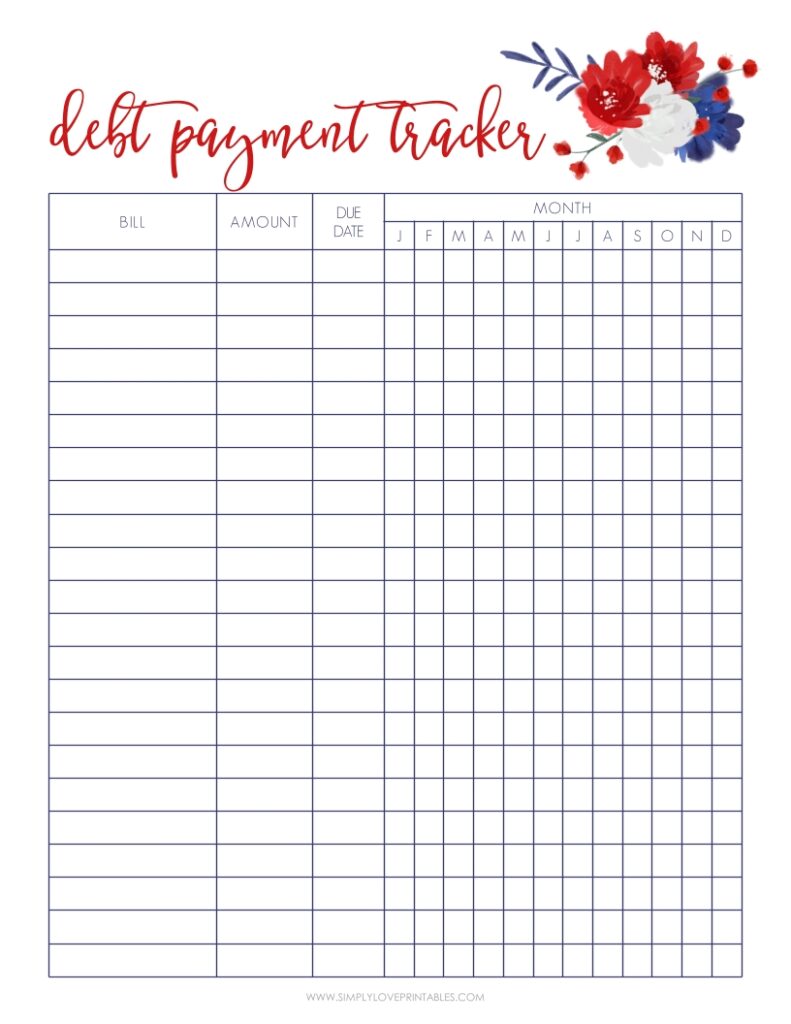 Red Blue And White Flower Debt Payment Tracker