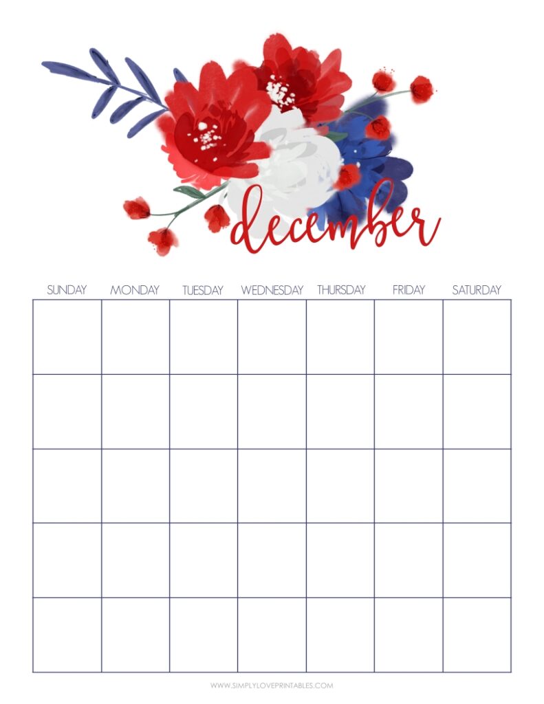 Red Blue And White Flower December Undated Calendar