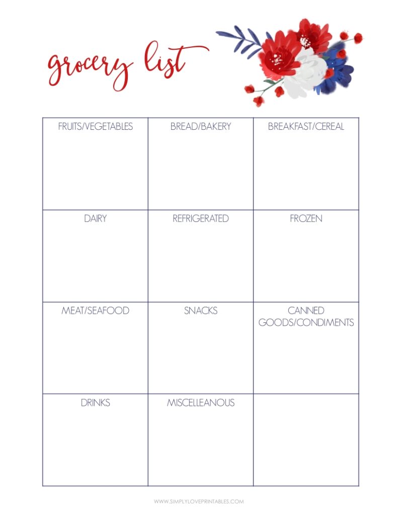 Red Blue And White Flower Grocery List