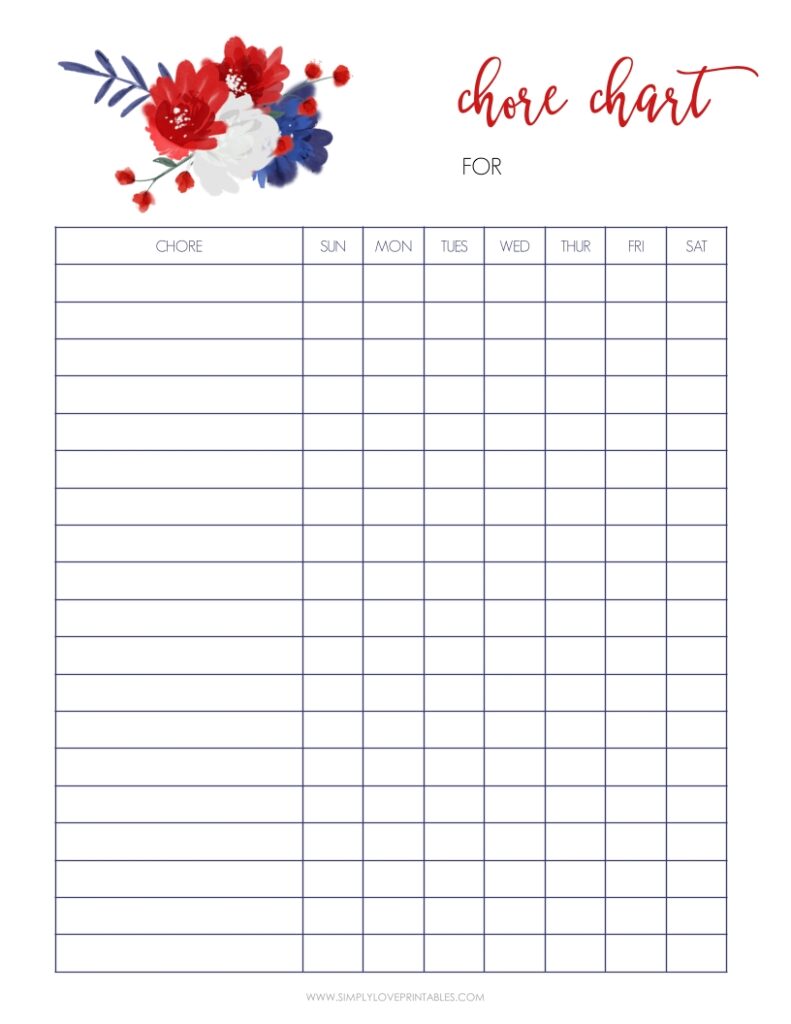 Red Blue And White Flower July Chore Chart