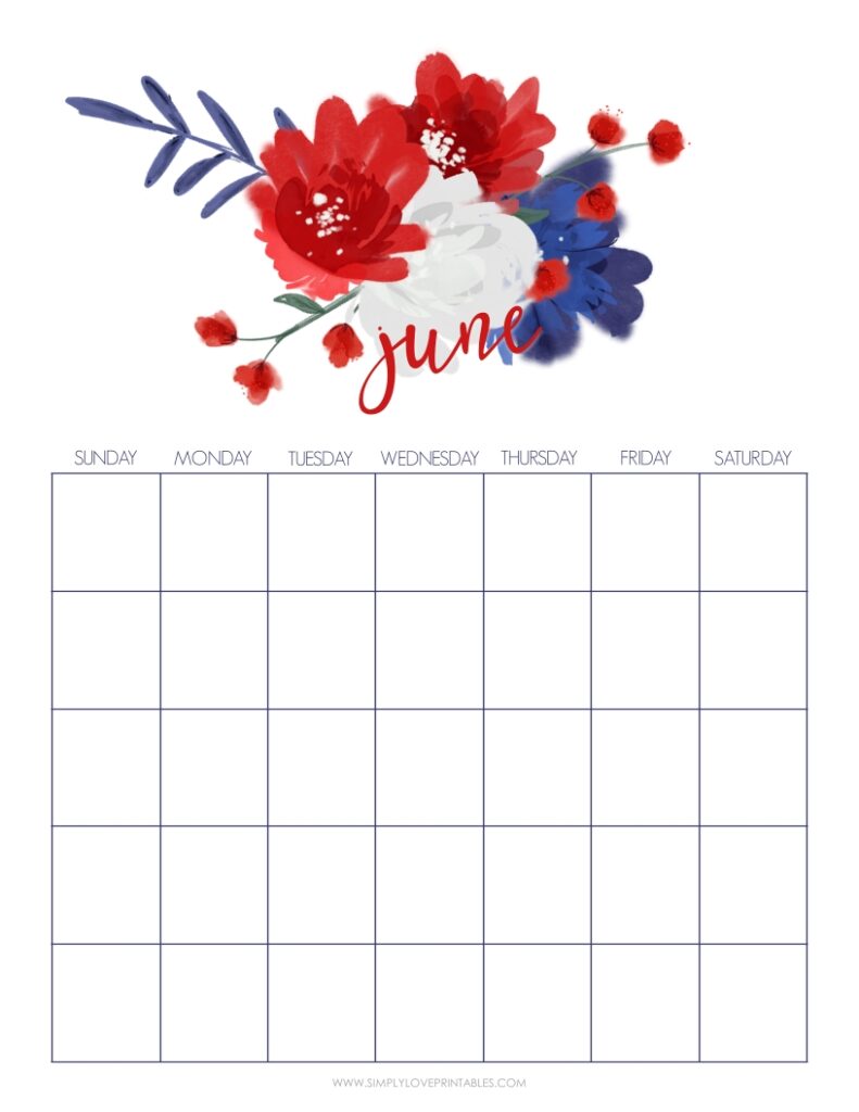 Red Blue And White Flower June Undated Calendar