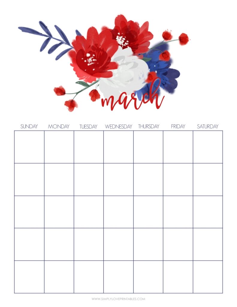 Red Blue And White Flower March Undated Calendar