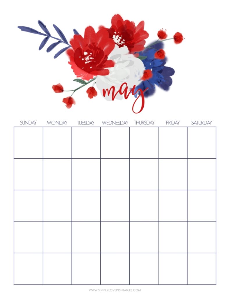 Red Blue And White Flower May Undated Calendar