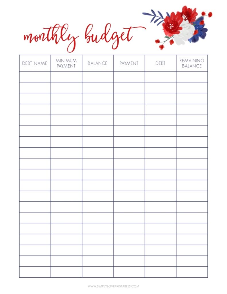 Red Blue And White Flower Monthly Budget