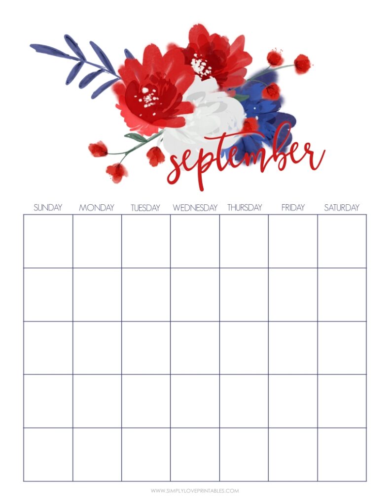 Red Blue And White Flower September Undated Calendar