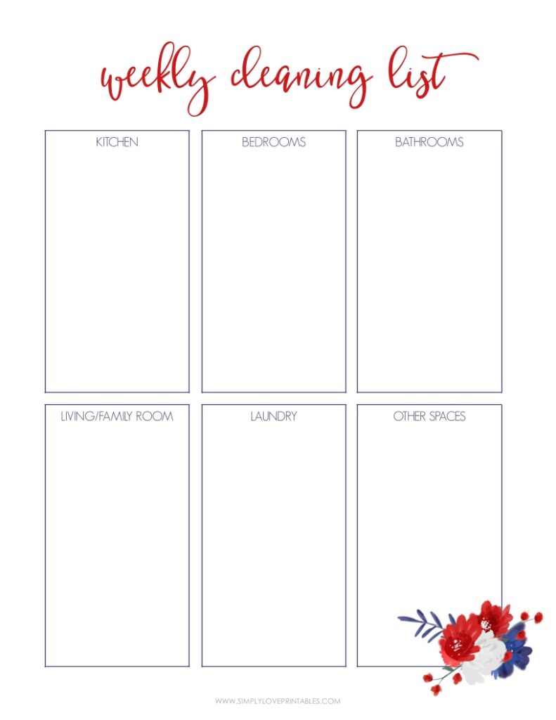 Red Blue And White Flower Weekly Cleaning List