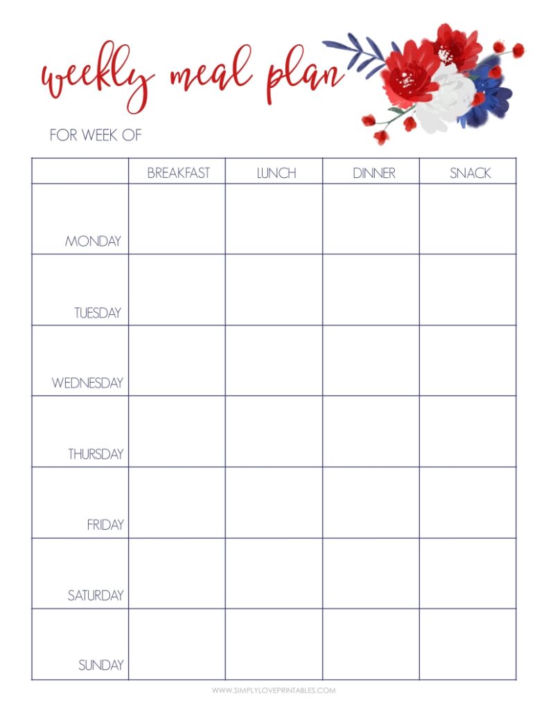 Red Blue And White Flower Weekly Meal Plan