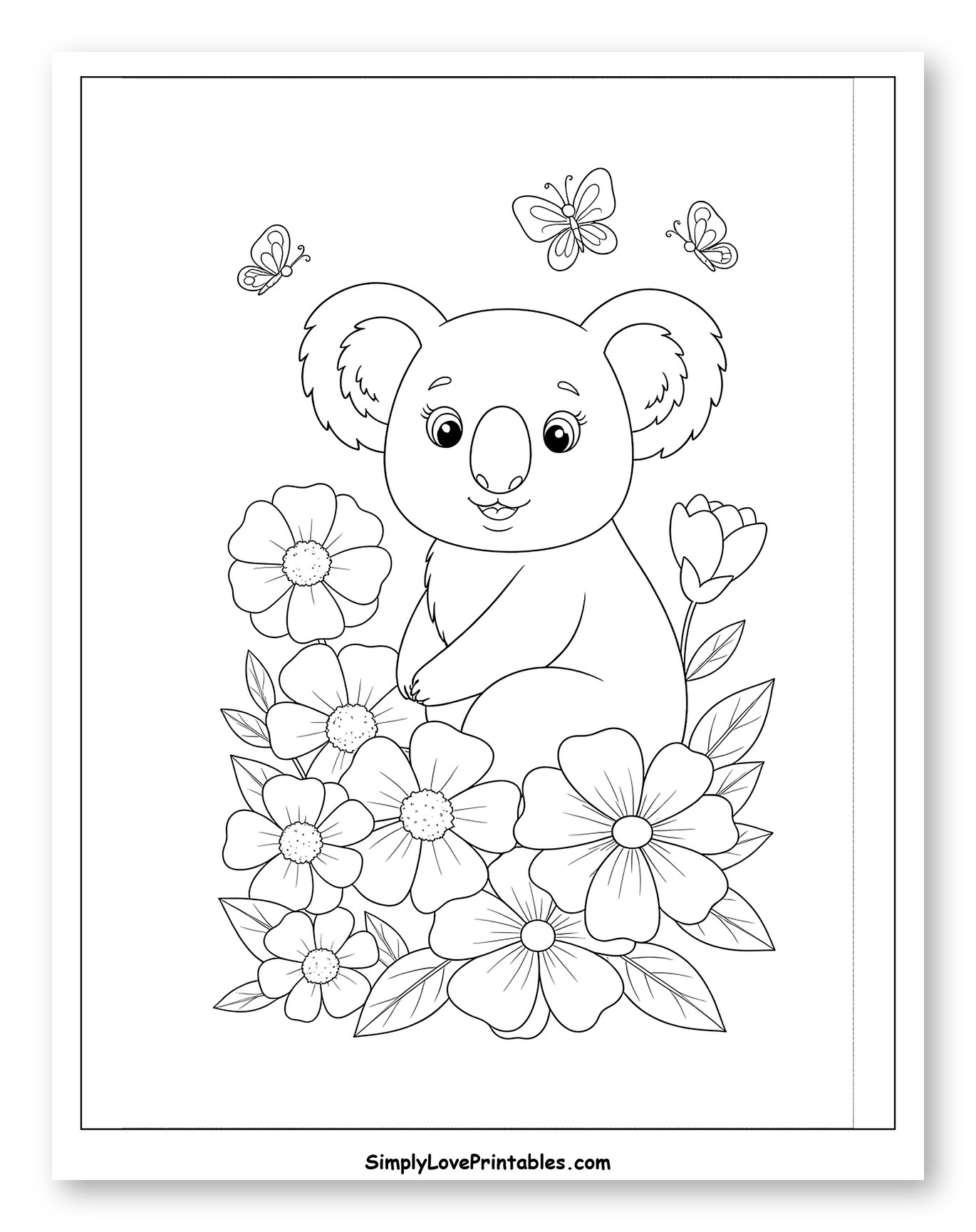 Cute Koala Among Flowers and Butterflies to Color for Kids