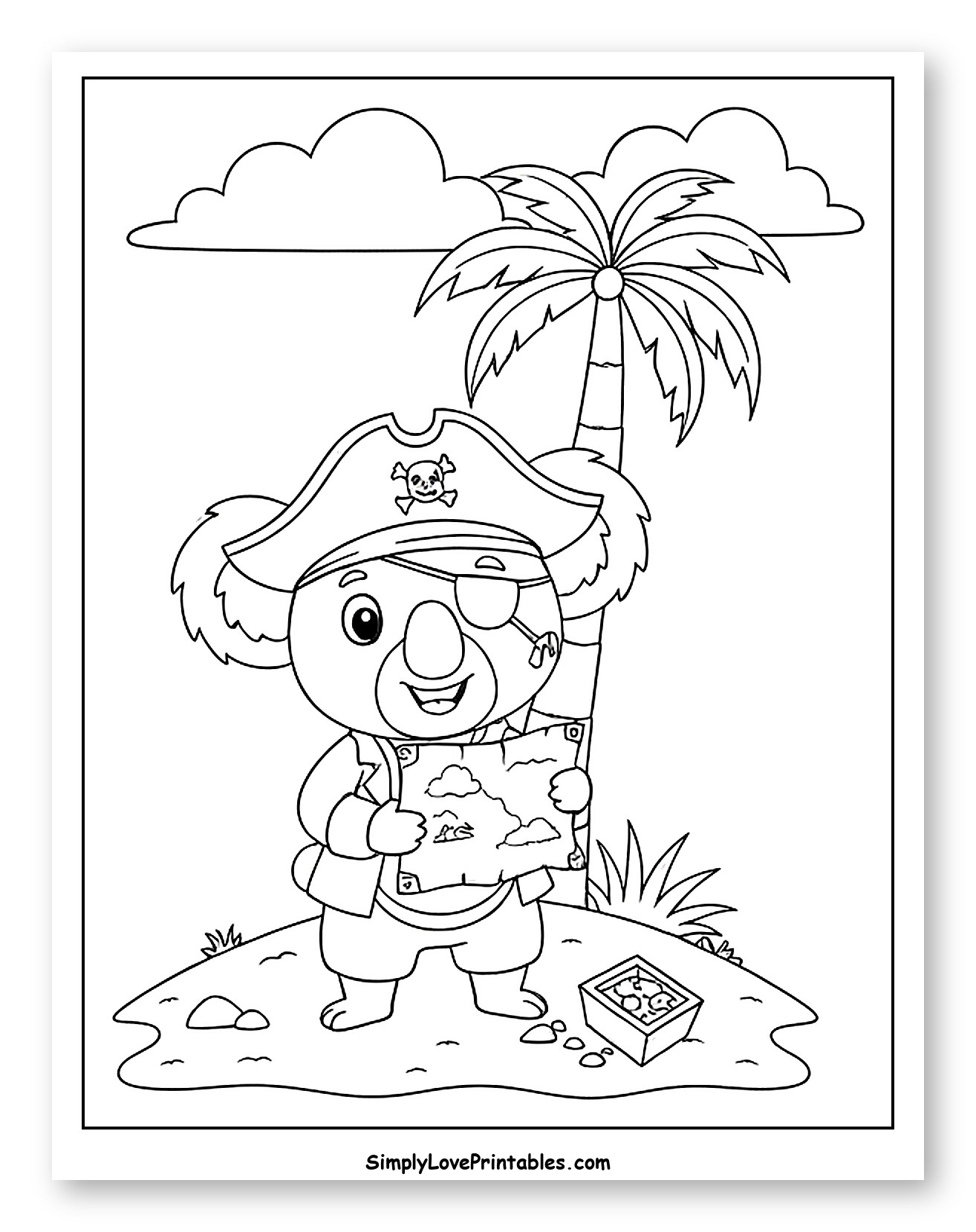 Cute Pirate Koala Holding a Treasure Map to Color for Kids