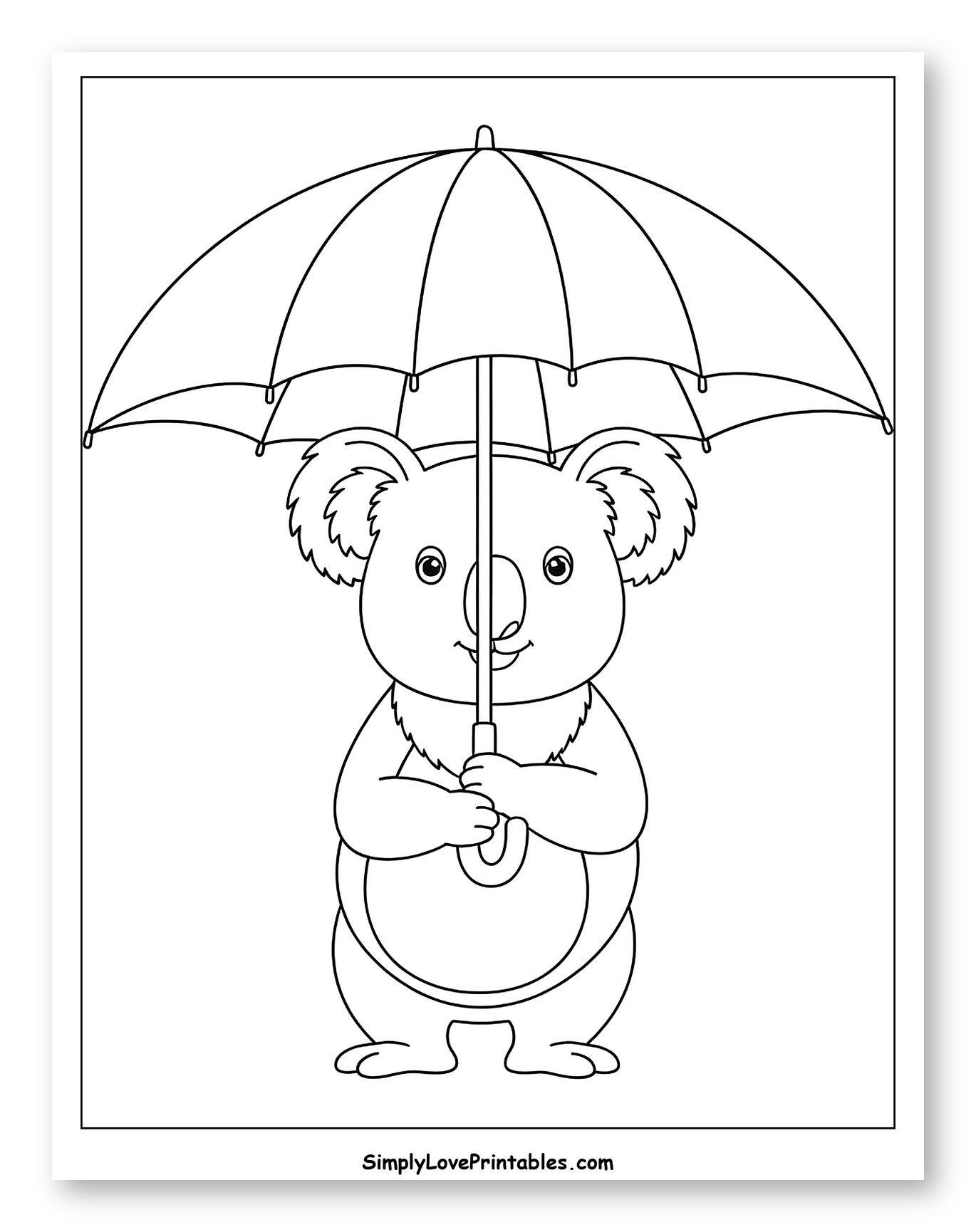 Happy Koala Holding an Open Umbrella to Color for Toddlers