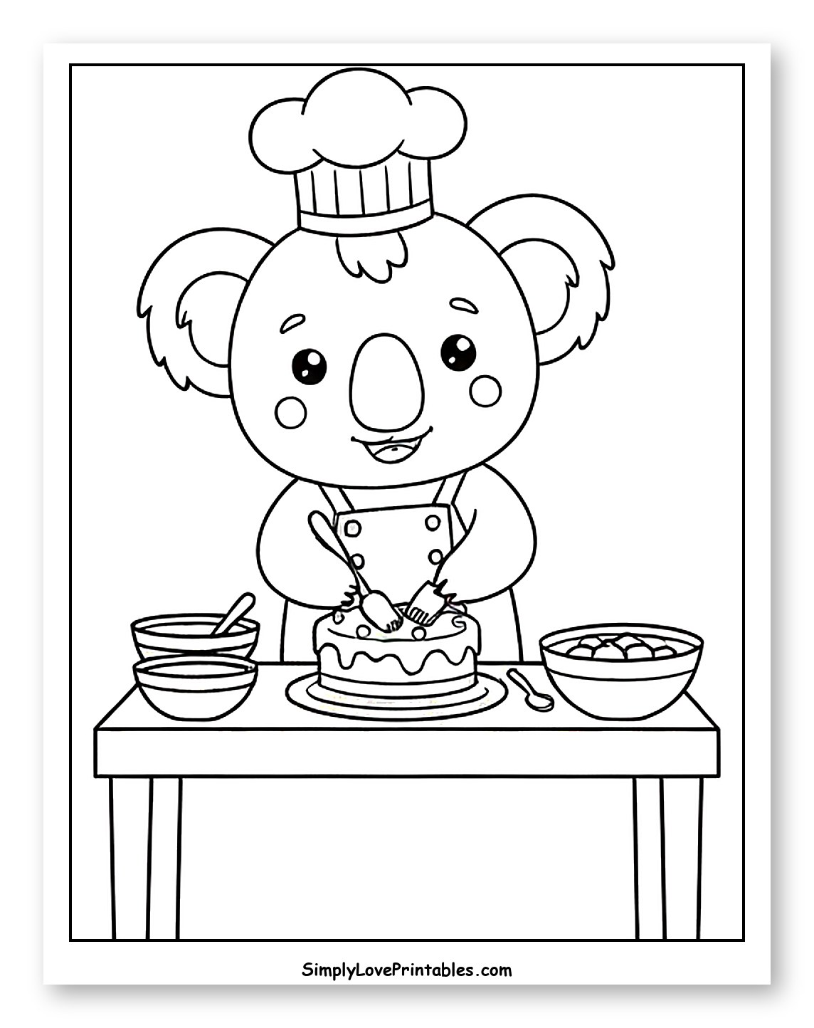 Koala Chef Decorating a Cake Coloring Sheet for Kids