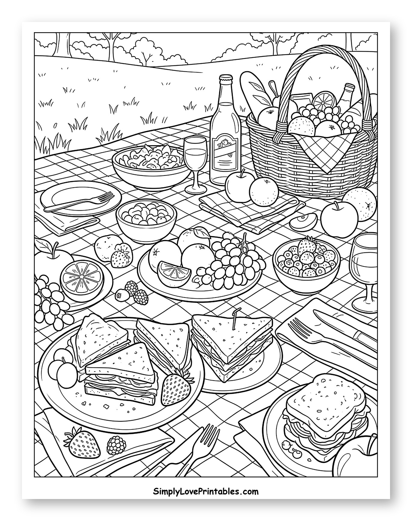 A Delicious Picnic Spread in the Park Coloring Sheet