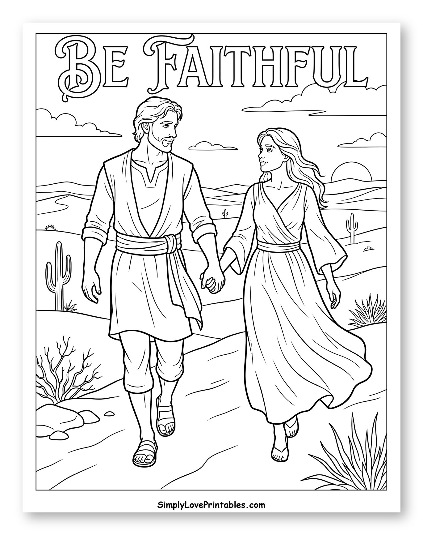 A Faithful Couple Walking Through the Desert to Color