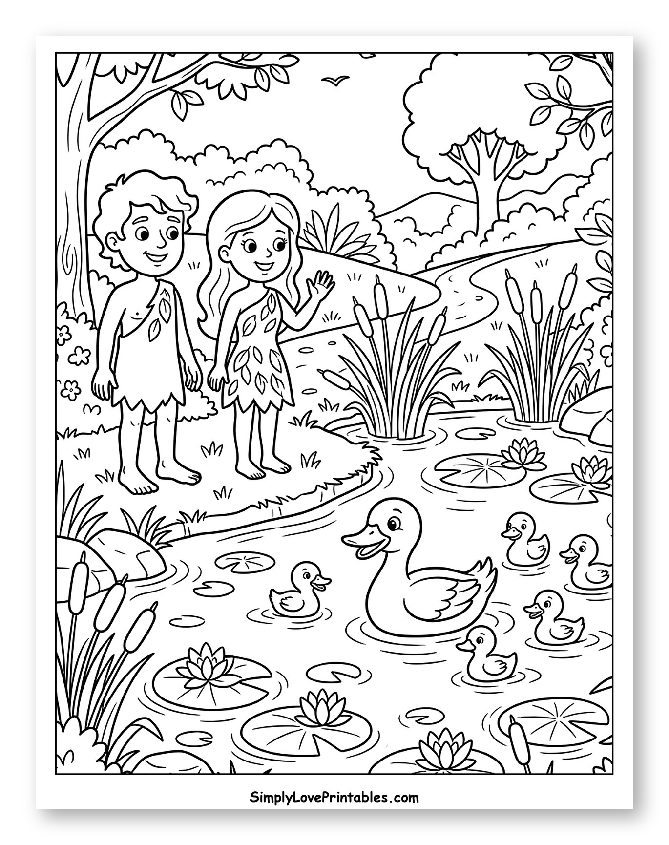 A Family of Ducks Swimming in a Pond to Color for Kids