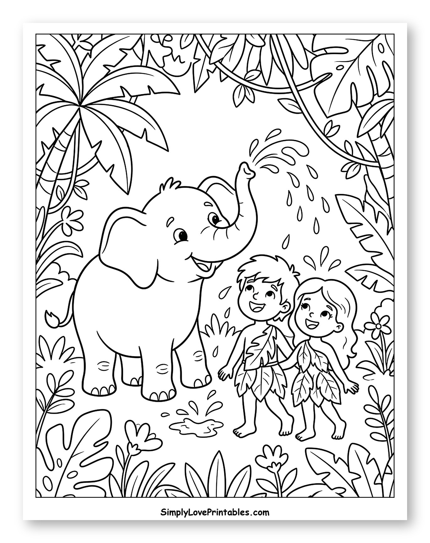 A Friendly Elephant Sprinkling Water Coloring Sheet for Kids