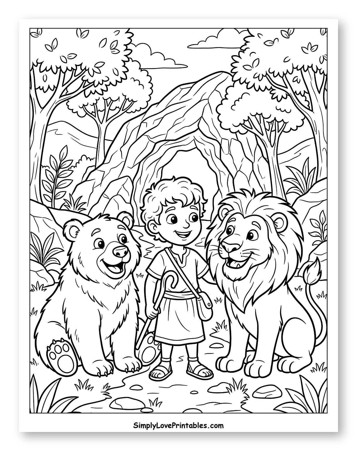 A Friendly Lion and Bear with David Coloring Page for Kids