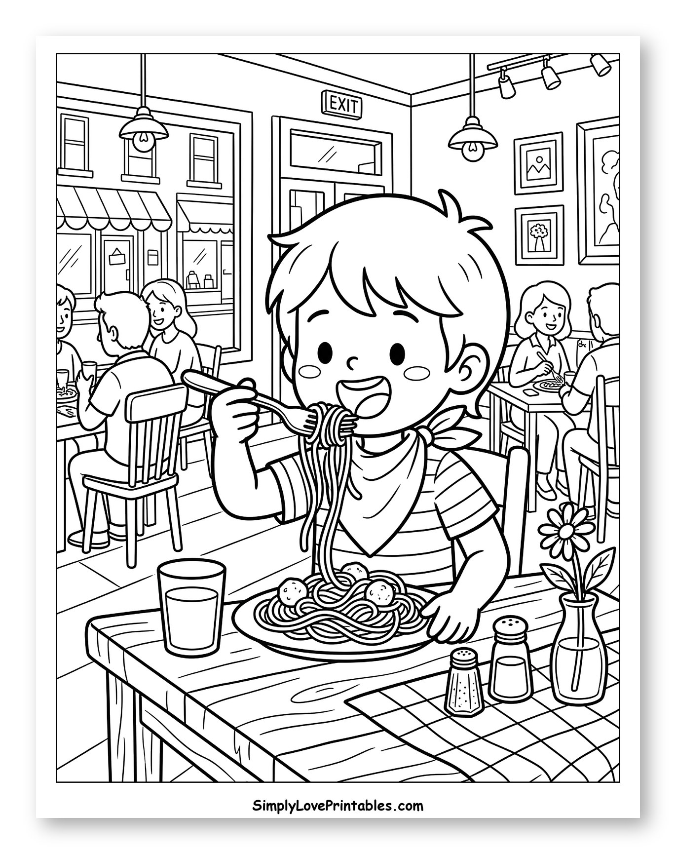 A Happy Child Eating Spaghetti at a Restaurant