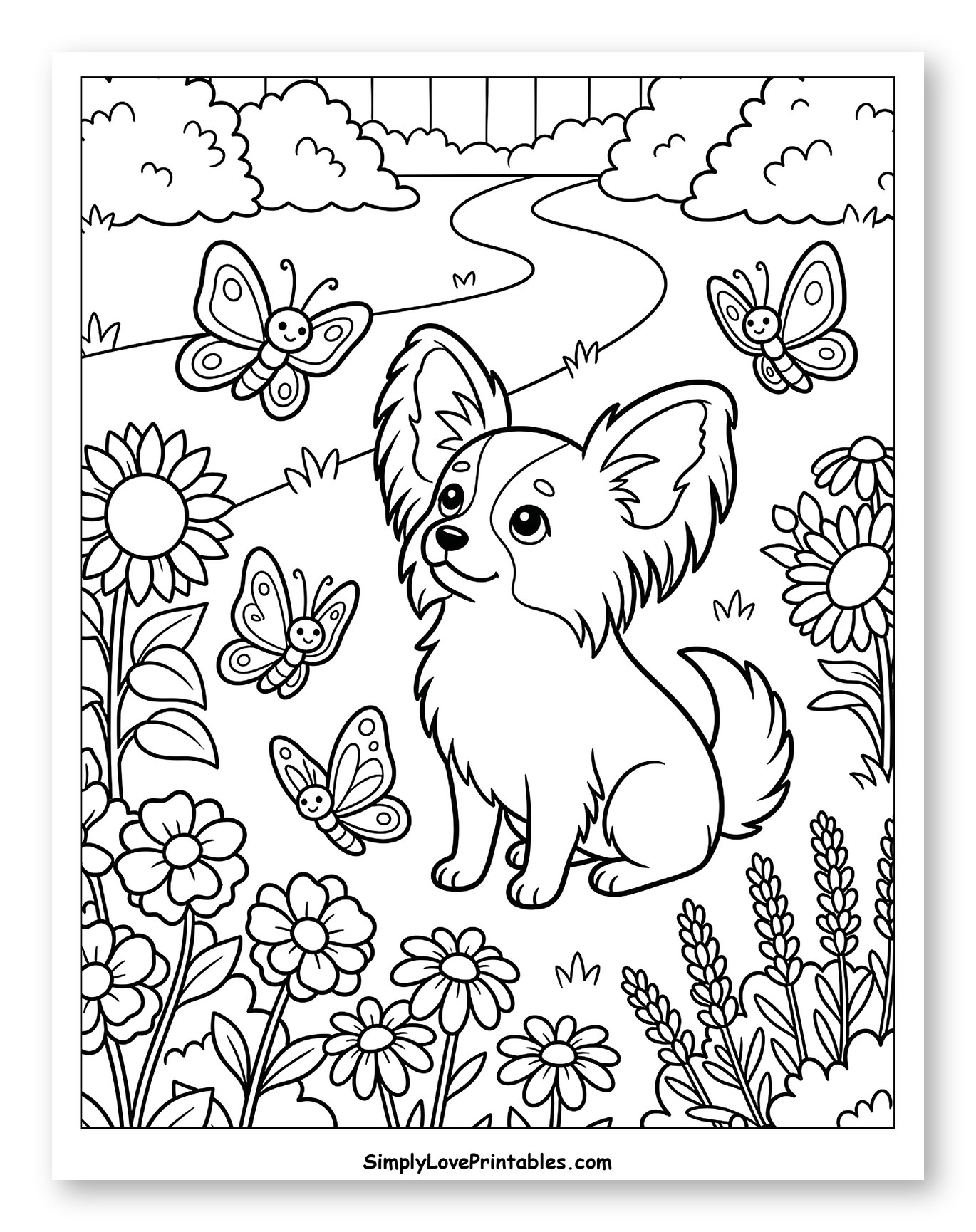 A Happy Papillon Dog in a Flower Garden to Color for Kids