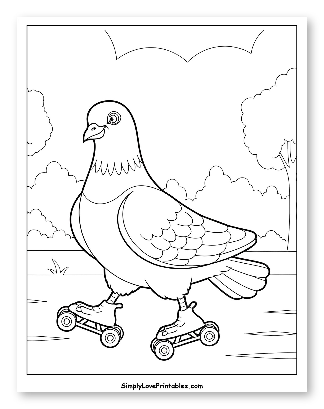 A Happy Pigeon Roller Skating Outdoors