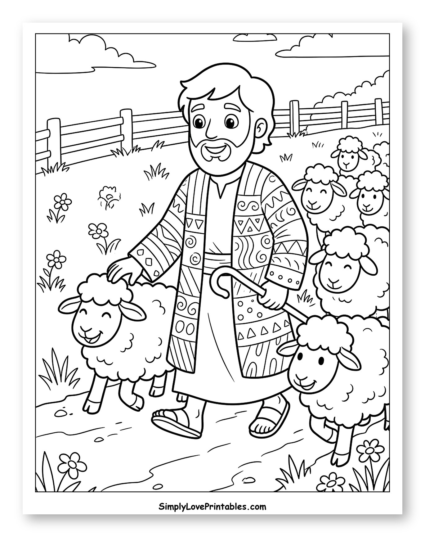 A Kind Shepherd Guiding His Happy Sheep Coloring Sheet for Kids