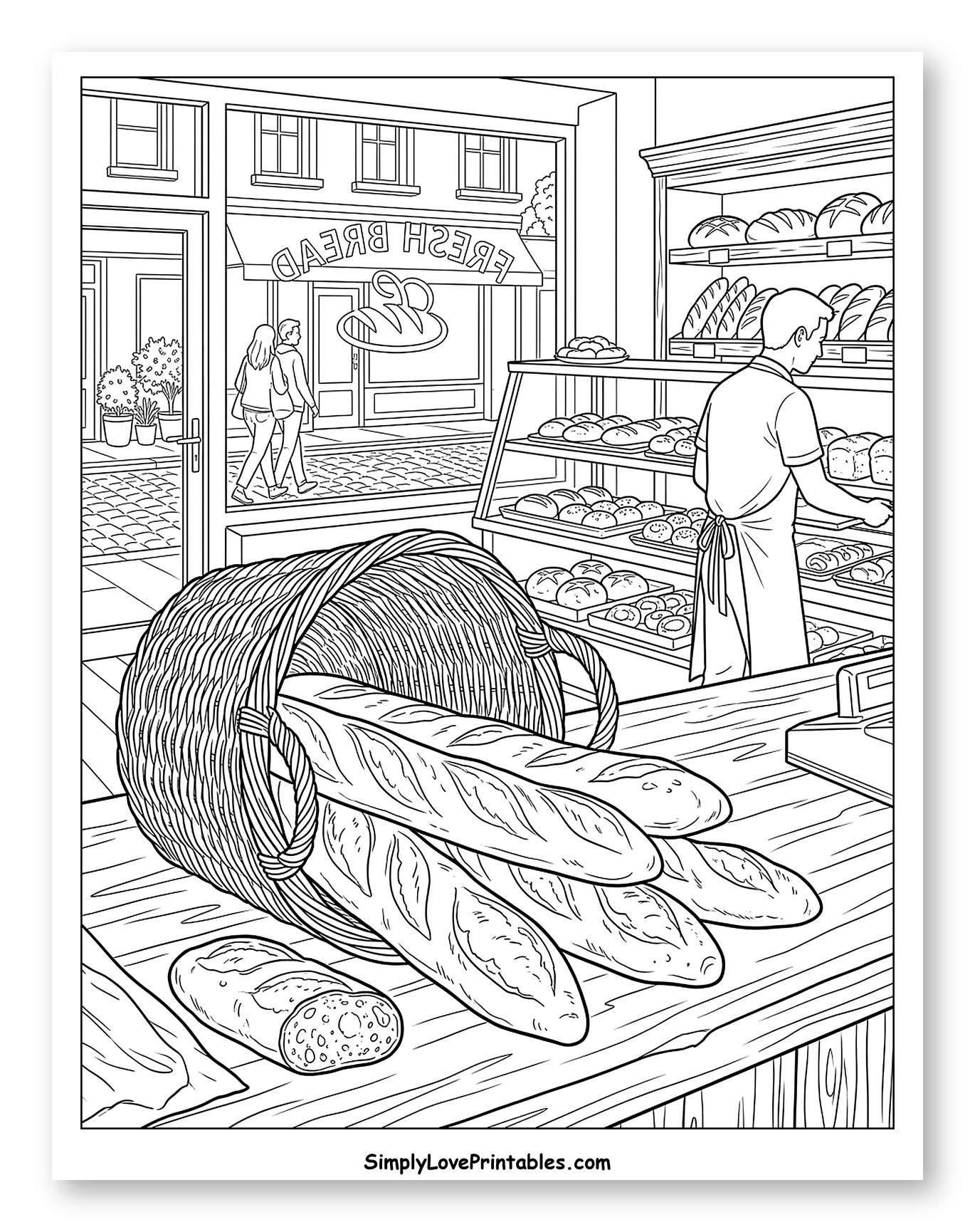A Lively Bakery Scene with Fresh Bread to Color